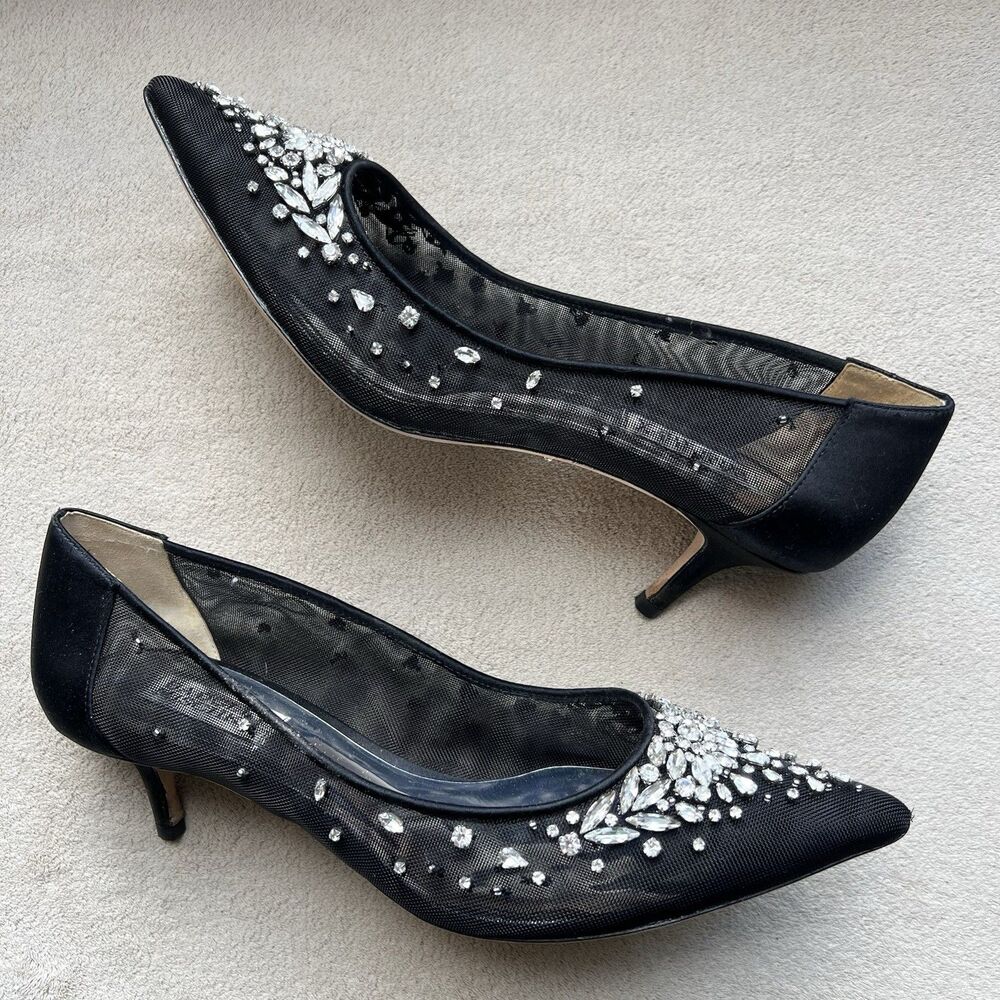 Badgley Mischka Onyx Embellished Black Mesh Kitten Heel Pumps Women‎ 8 Formal